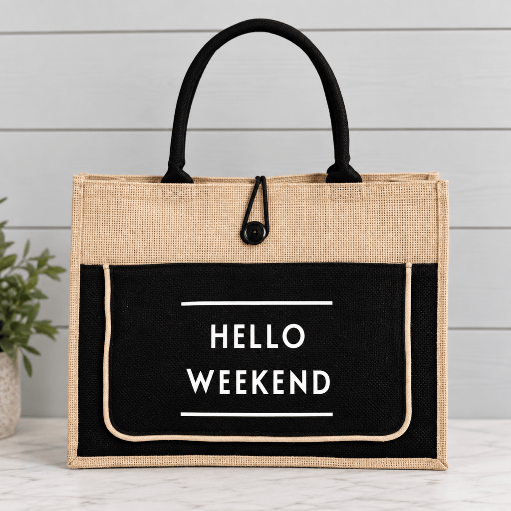 Hello Weekend Burlap Tote Bag - Heritage-Boutique.com