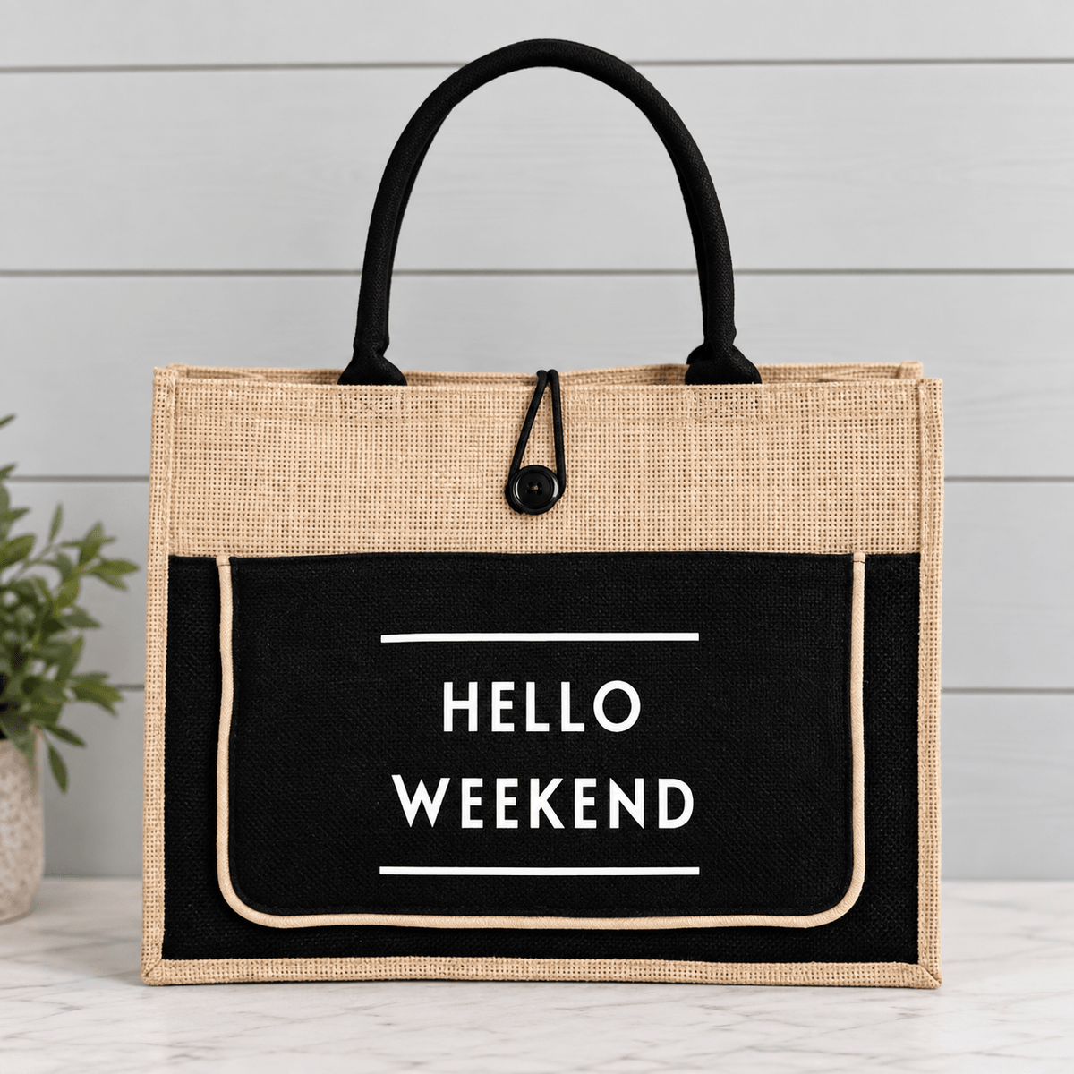 Hello Weekend Burlap Tote Bag - Heritage-Boutique.com