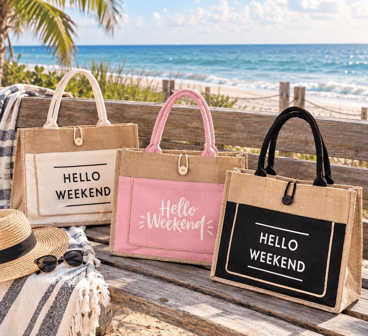 Hello Weekend Burlap Tote Bag - Heritage-Boutique.com