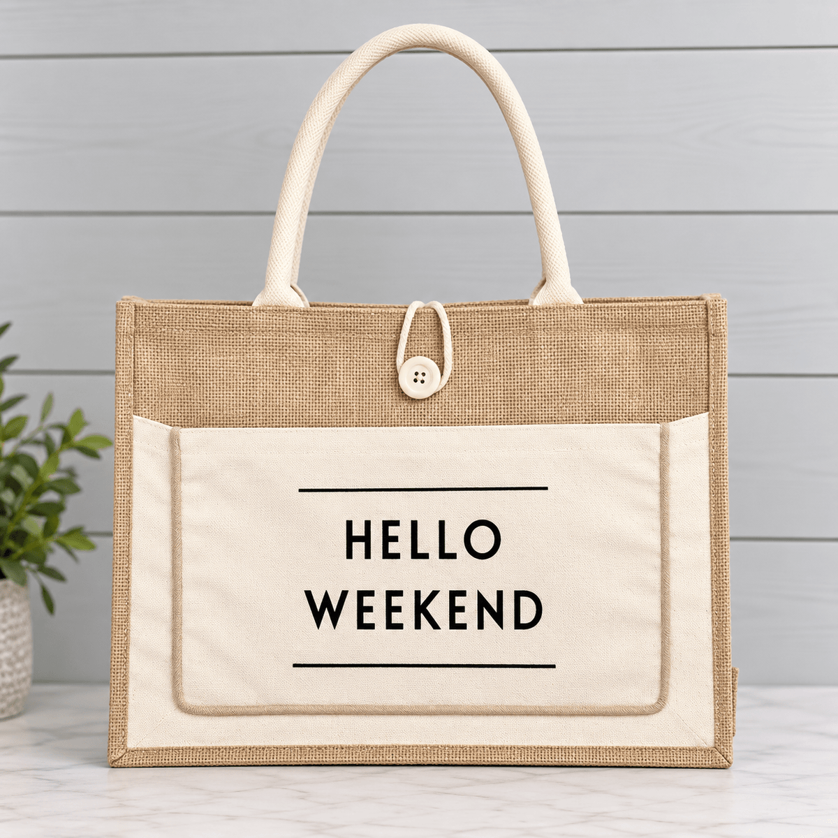Hello Weekend Burlap Tote Bag - Heritage-Boutique.com