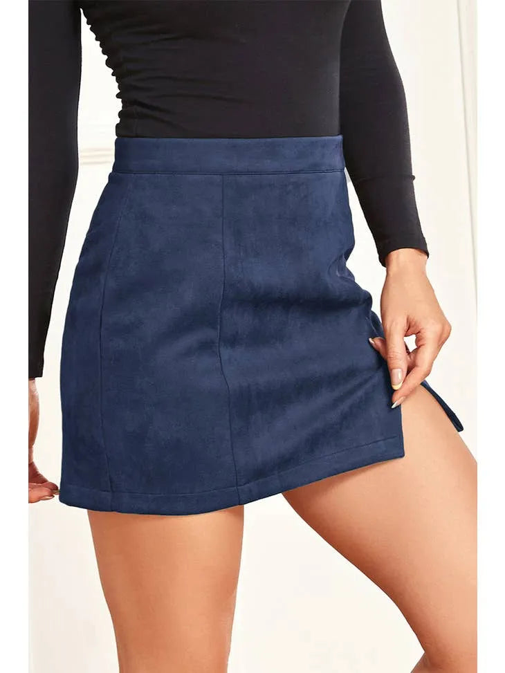 High Waist Faux Suede Mini Skirt in Navy Blue - Heritage-Boutique.com