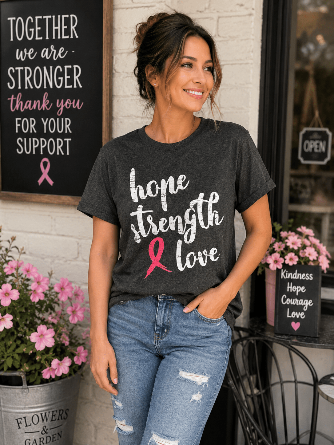 Hope • Strength • Love Breast Cancer Awareness Graphic Tee - Heritage-Boutique.com