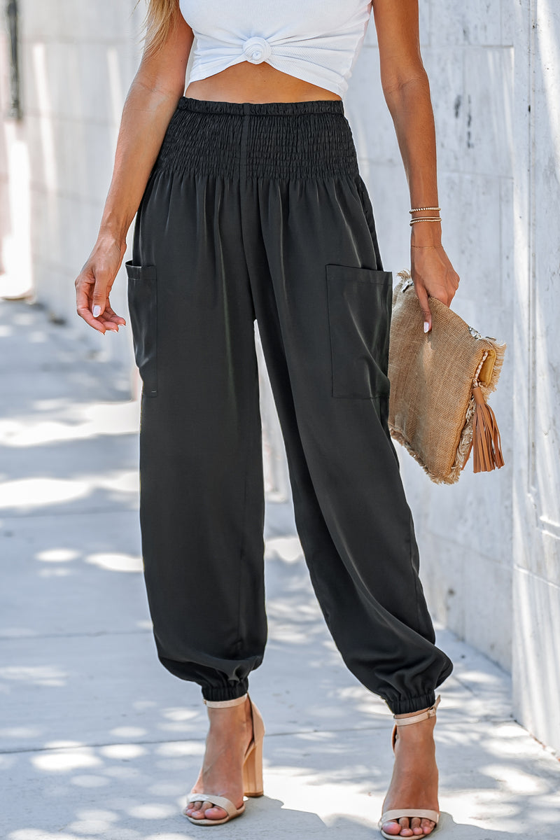 Black Smocked High Waist Joggers