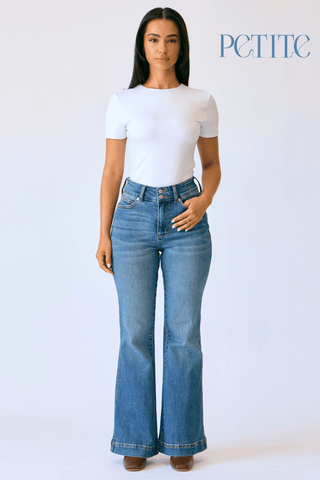 Judy Blue High Waist Tummy Control Double Button Flare Jeans Petite - Heritage - Boutique.com