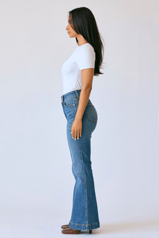 Judy Blue High Waist Tummy Control Double Button Flare Jeans Petite - Heritage - Boutique.com