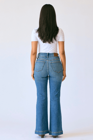 Judy Blue High Waist Tummy Control Double Button Flare Jeans Petite - Heritage - Boutique.com