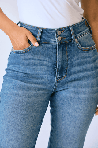 Judy Blue High Waist Tummy Control Double Button Flare Jeans Petite - Heritage - Boutique.com