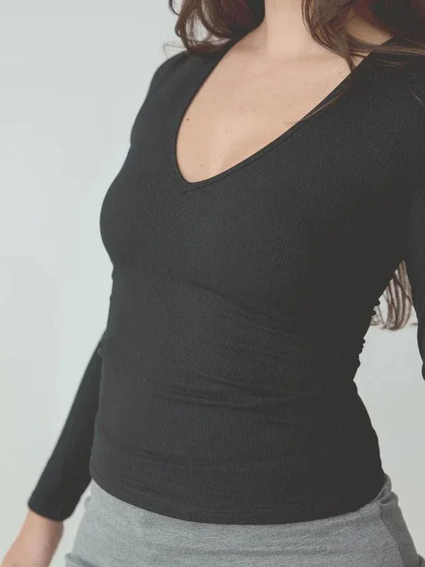 Klassy Black Braless Ribbed Deep V Long Sleeve - Heritage - Boutique.com