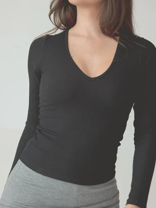 Klassy Black Braless Ribbed Deep V Long Sleeve - Heritage - Boutique.com
