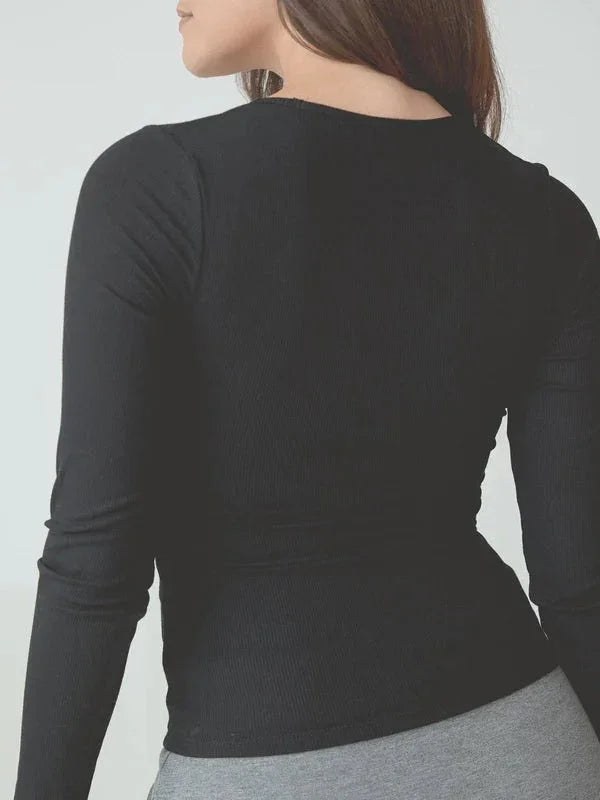 Klassy Black Braless Ribbed Deep V Long Sleeve - Heritage - Boutique.com