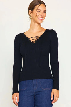 Lace-Up Ribbed Knit Top - Heritage-Boutique.com