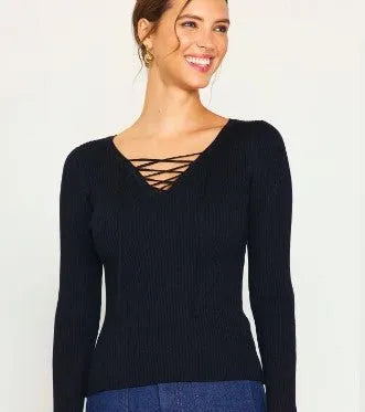Lace-Up Ribbed Knit Top - Heritage-Boutique.com