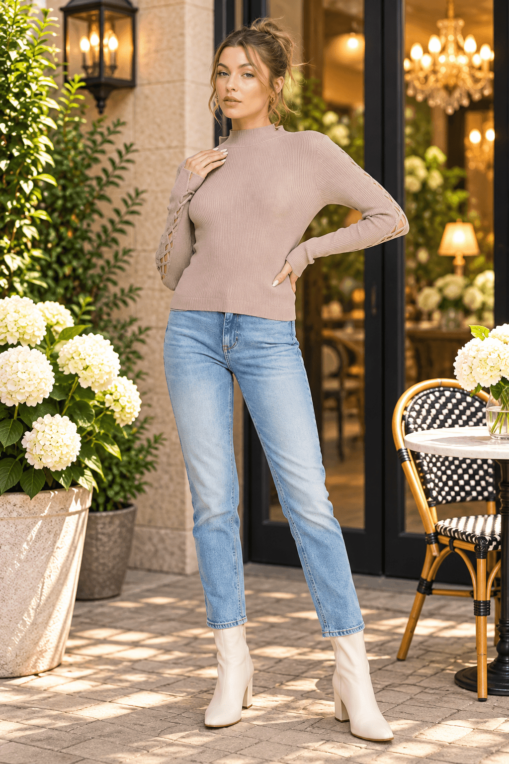 Laced in Love Ribbed Mock Neck Sweater with Lace-Up Sleeves - Heritage-Boutique.com