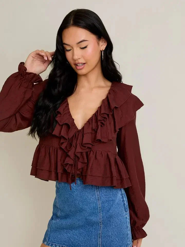 LeLis V - Neck Ruffle Trim Blouse - Heritage - Boutique.com