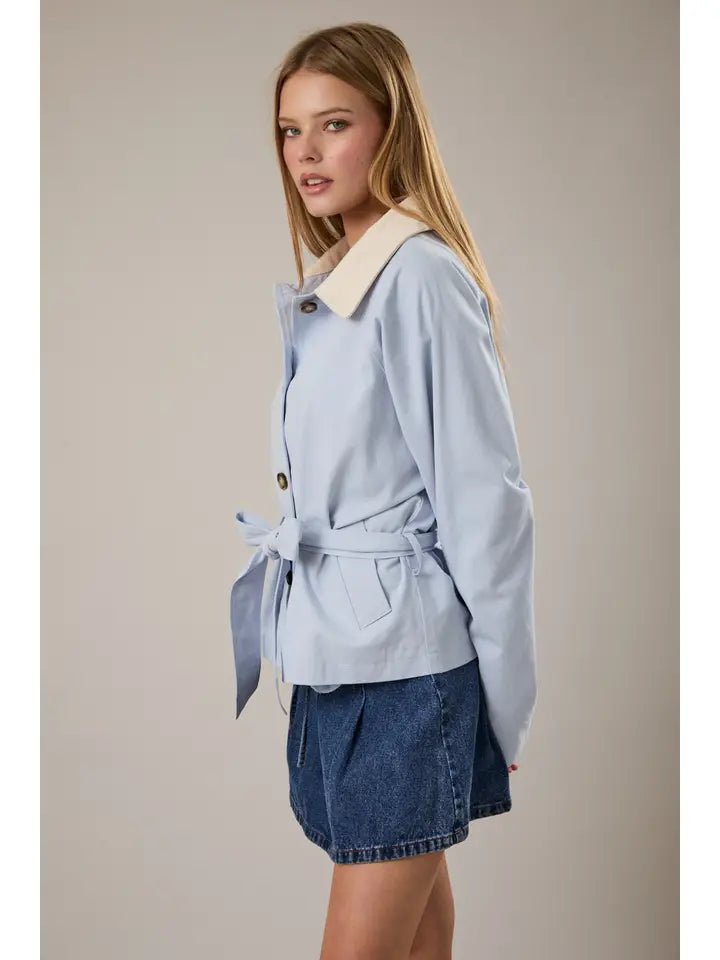 Light Blue Cropped Trench Jacket with Belt – Soft Collar Utility Jacket - Heritage - Boutique.com