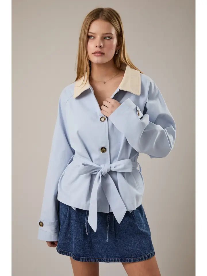 Light Blue Cropped Trench Jacket with Belt – Soft Collar Utility Jacket - Heritage - Boutique.com