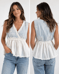 Light Blue Embroidered Peplum Top with Ruffle Trim – Sleeveless Boho Blouse - Heritage - Boutique.com
