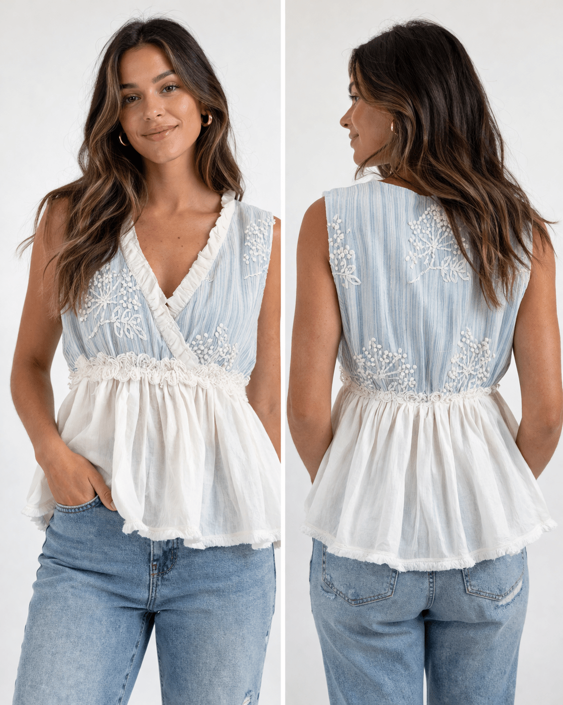 Light Blue Embroidered Peplum Top with Ruffle Trim – Sleeveless Boho Blouse - Heritage - Boutique.com