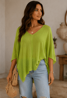 Lime Oasis Lightweight Knit Poncho Top – Women's Flowy V-Neck Sweater - Heritage-Boutique.com
