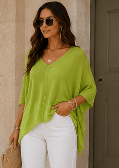Lime Oasis Lightweight Knit Poncho Top – Women's Flowy V-Neck Sweater - Heritage-Boutique.com