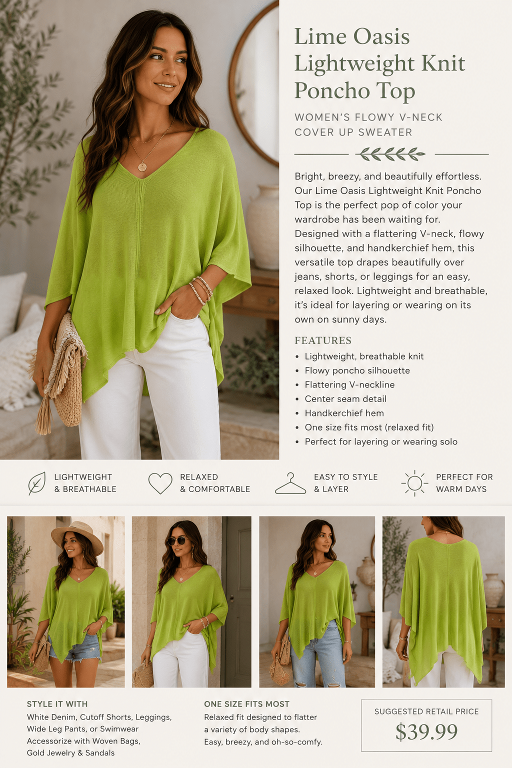 Lime Oasis Lightweight Knit Poncho Top – Women's Flowy V-Neck Sweater - Heritage-Boutique.com