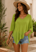 Lime Oasis Lightweight Knit Poncho Top – Women's Flowy V-Neck Sweater - Heritage-Boutique.com