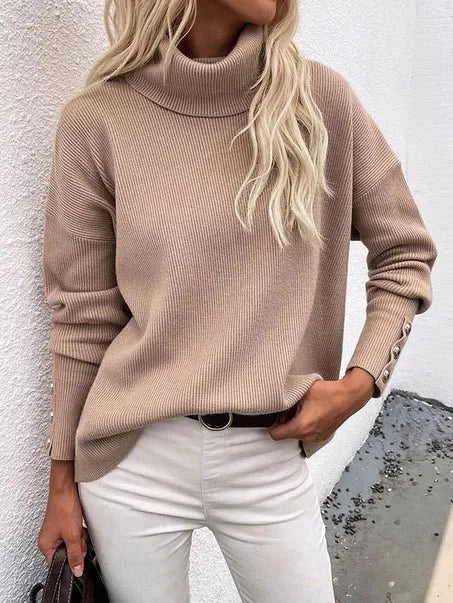 Loose High Neck Button Sleeve Knit Sweater - Heritage - Boutique.com