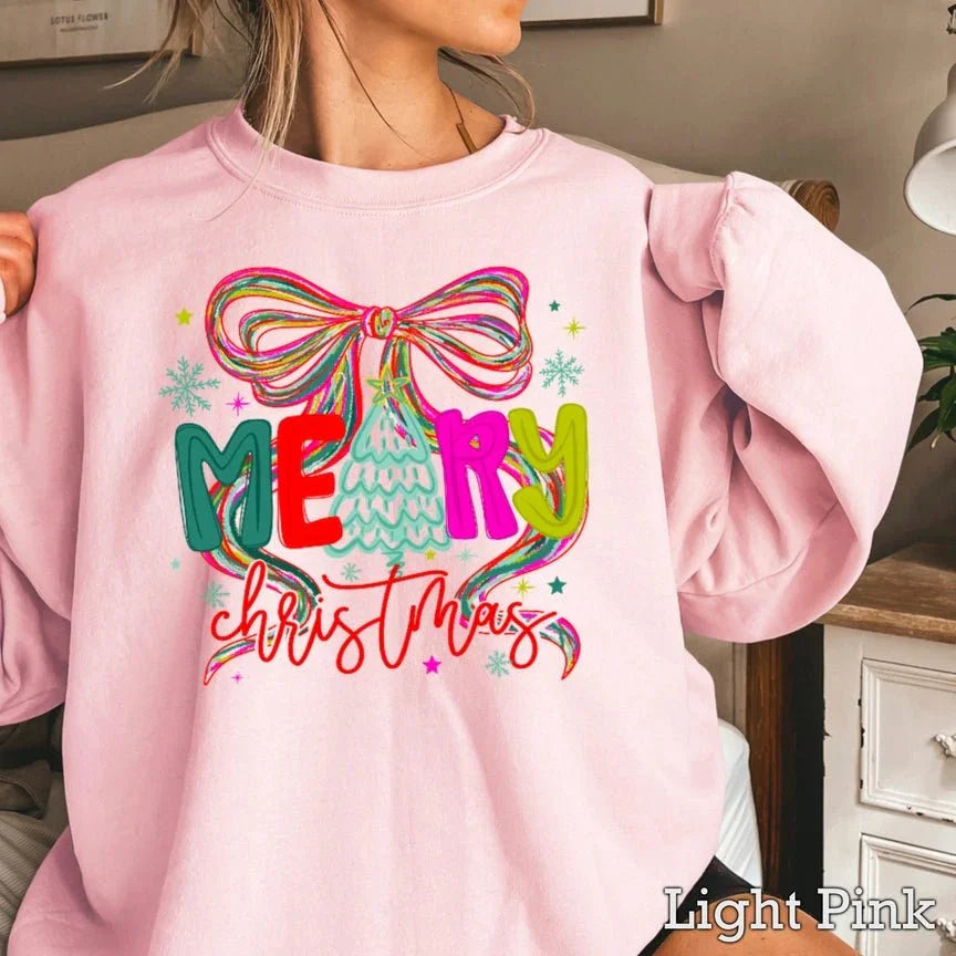 Merry Christmas Light Pink Crewneck with Bow - Heritage - Boutique.com