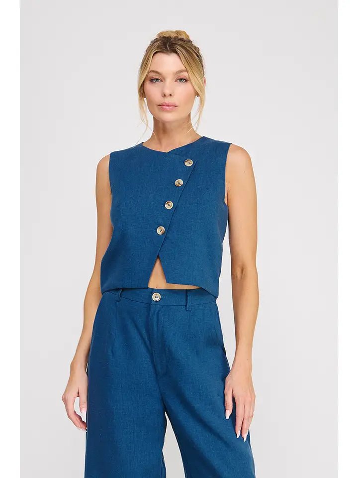 Midnight Coast Asymmetrical Button Linen Blend Vest Top - Heritage - Boutique.com