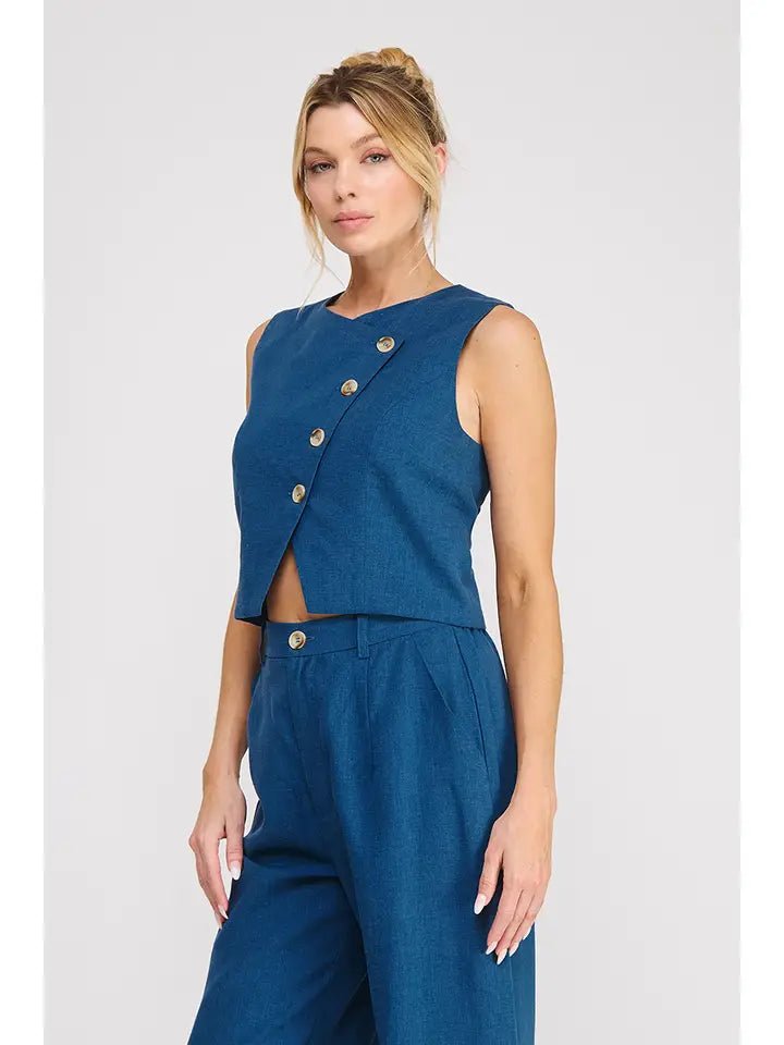 Midnight Coast Asymmetrical Button Linen Blend Vest Top - Heritage - Boutique.com