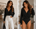 Midnight Elegance Surplice Long Sleeve Bodysuit – Women's Black Draped V-Neck Bodysuit - Heritage-Boutique.com