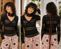 Midnight Romance Black Lace V-Neck Long Sleeve Top - Heritage-Boutique.com