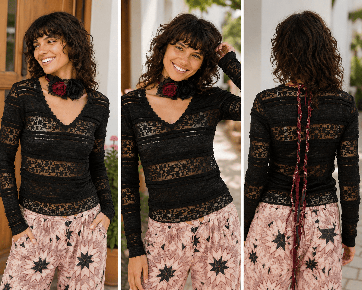 Midnight Romance Black Lace V-Neck Long Sleeve Top - Heritage-Boutique.com