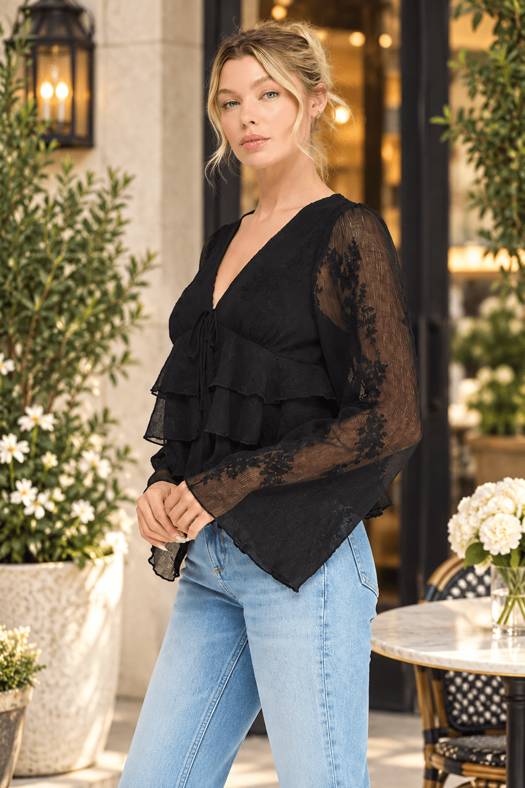 Midnight Romance Embroidered Tie-Front Tiered Blouse - Heritage-Boutique.com