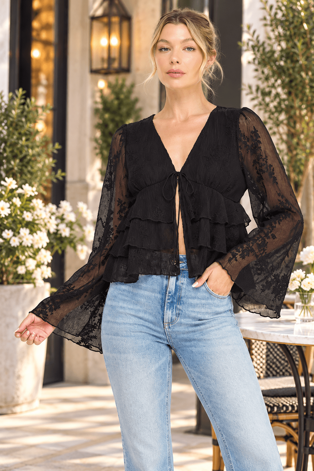 Midnight Romance Embroidered Tie-Front Tiered Blouse - Heritage-Boutique.com
