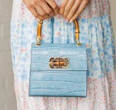 Mykonos Bleu Croc Mini Bag | Bamboo Top Handle Luxury Statement - Heritage - Boutique.com
