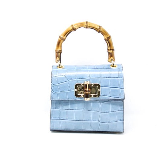 Mykonos Bleu Croc Mini Bag | Bamboo Top Handle Luxury Statement - Heritage - Boutique.com