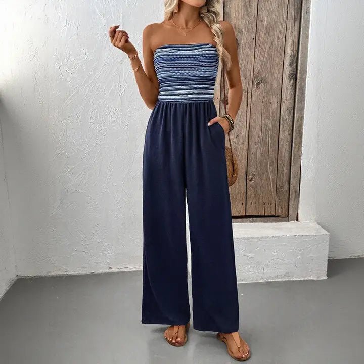 Navy Blue Striped Jumpsuit - Heritage - Boutique.com
