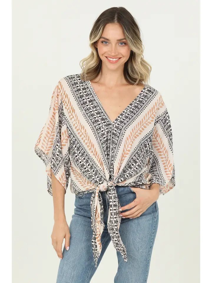 Nostalgia Printed Short Sleeve Tie Front Top - Heritage - Boutique.com