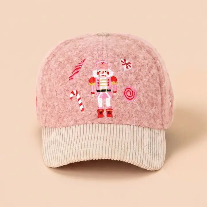 Nutcracker Holiday Candy Cane Embroidered Fuzzy Corduroy Baseball Cap - Heritage-Boutique.com