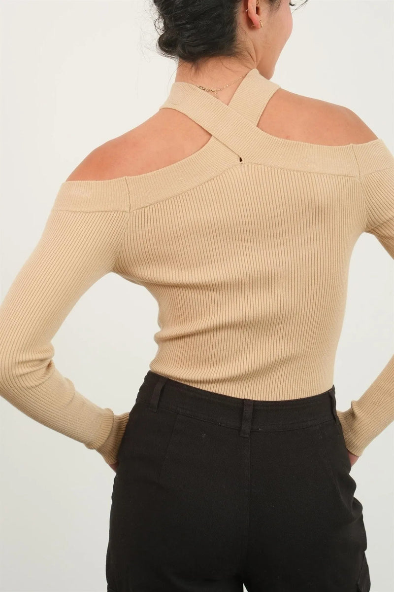 Off Shoulder Long Sleeve Halter Top - Heritage-Boutique.com