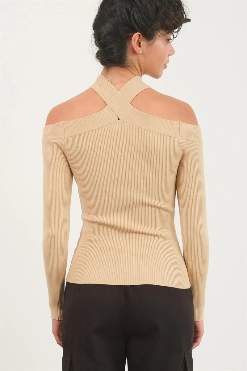 Off Shoulder Long Sleeve Halter Top - Heritage-Boutique.com