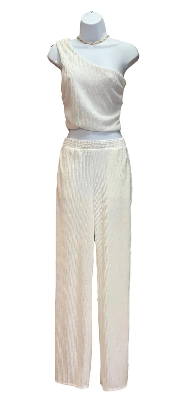 Off White Set (Slit Pant & One Shoulder Crop) - Heritage-Boutique.com
