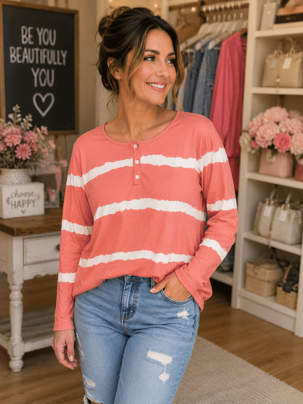 oral Coast Stripe Henley Top – Lightweight Long Sleeve Boutique Blouse - Heritage-Boutique.com