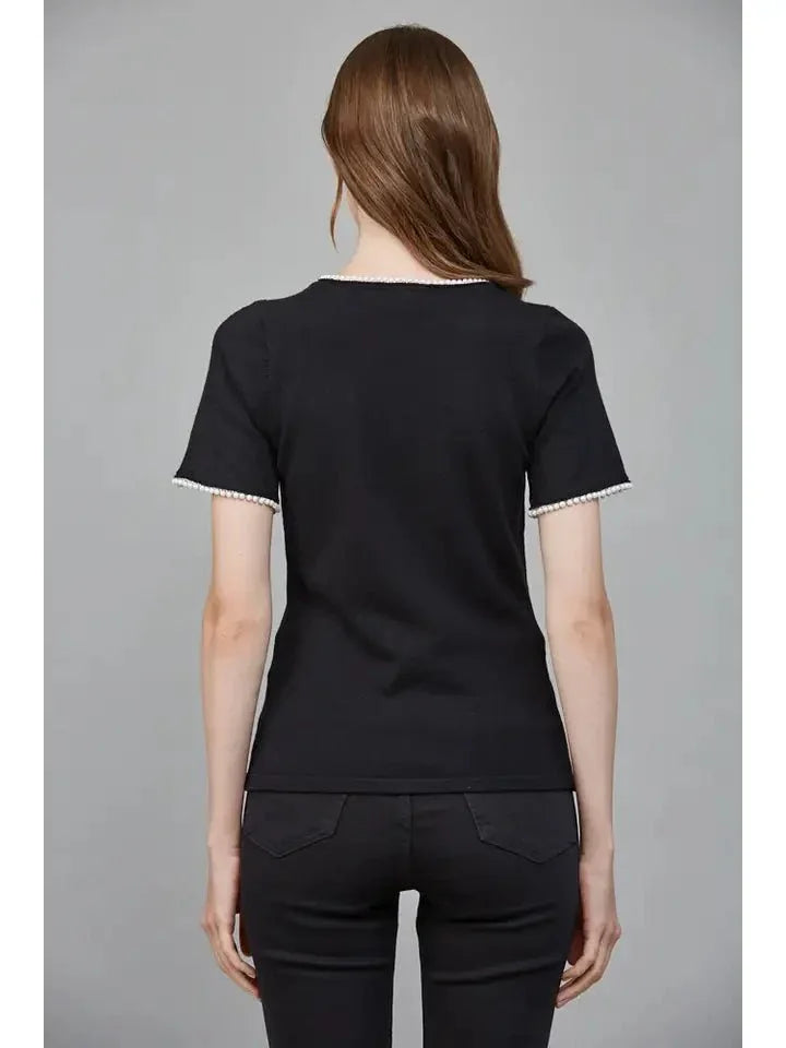 Pearl Embellished Short Sleeve Sweater - Black - Heritage - Boutique.com