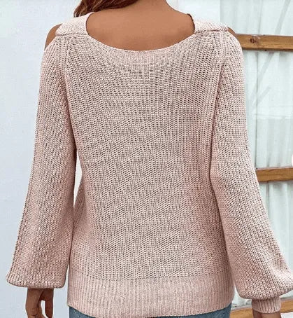 Pink Open Shoulder Cross Neck Knit Sweater - Heritage-Boutique.com