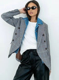 Plaid Denim Trim Double - Breasted Blazer for Women | Tailored Grey Blazer Jacket - Heritage - Boutique.com
