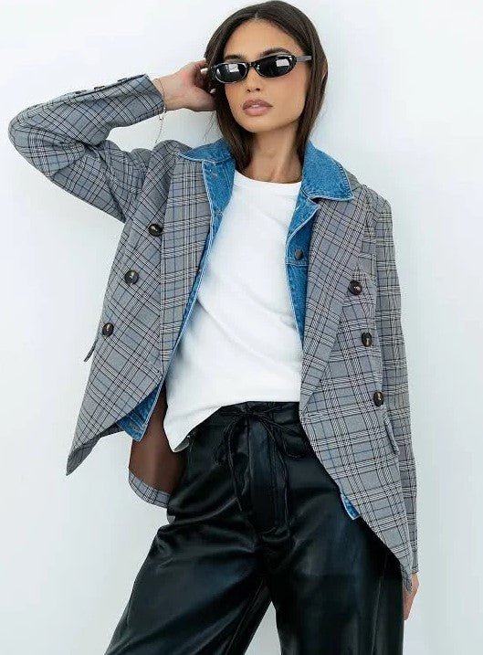 Plaid Denim Trim Double - Breasted Blazer for Women | Tailored Grey Blazer Jacket - Heritage - Boutique.com