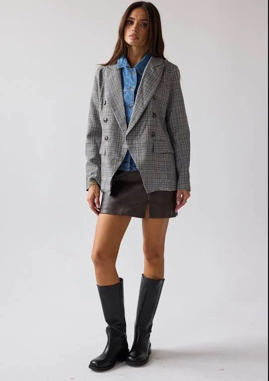 Plaid Denim Trim Double - Breasted Blazer for Women | Tailored Grey Blazer Jacket - Heritage - Boutique.com