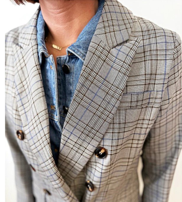 Plaid Denim Trim Double - Breasted Blazer for Women | Tailored Grey Blazer Jacket - Heritage - Boutique.com